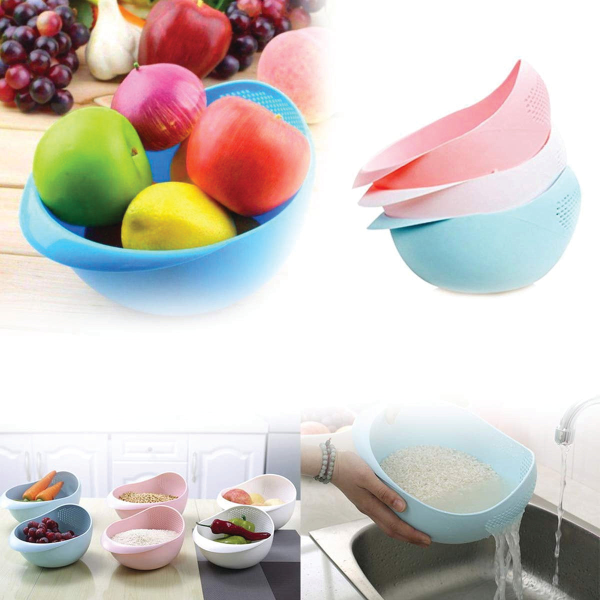 Versatile rice strainer bowl, ideal for washing, draining, and storing grains in the kitchen. Versatile rice strainer bowl, ideal for washing, draining, and storing grains in the kitchen.